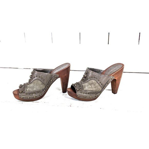 Nine West suede leather high heel wooden platform studded peep toe clog mules 6 - Picture 4 of 7